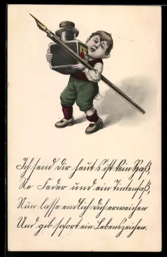 AK Junge mit riesigem Tintenfass und Federhalter mit Aufruf zur Antwort, Schreibfaul