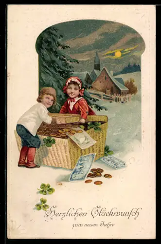 AK Kleines Paar mit Geldtruhe im Schnee, Kleeblätter, Ortschaft, goldene Sonne, Neujahrsgruss