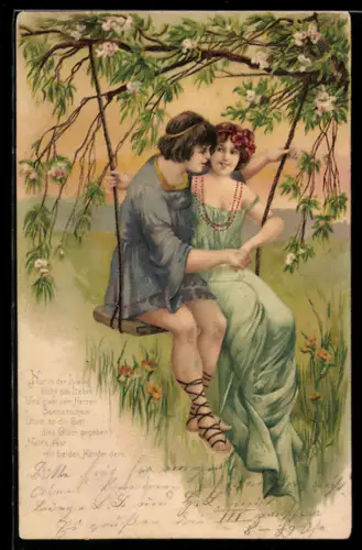 AK Liebespaar sitzt auf einer Schaukel