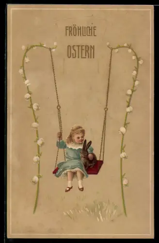 AK Mädchen mit Osterhase auf einer Schaukel, die an Maiglöckchen hängt