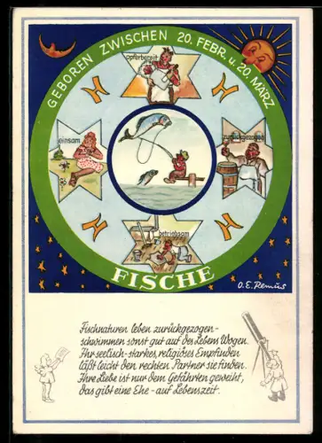 Künstler-AK Sternzeichen Fische, Fischnaturen leben zurückgezogen ...