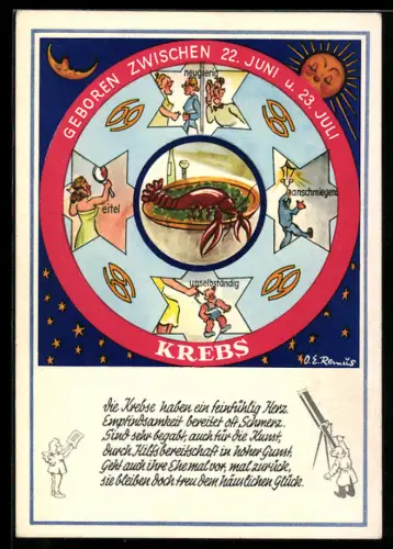 AK Sternzeichen Krebs mit Daten und vermeintlichen Eigenschaften
