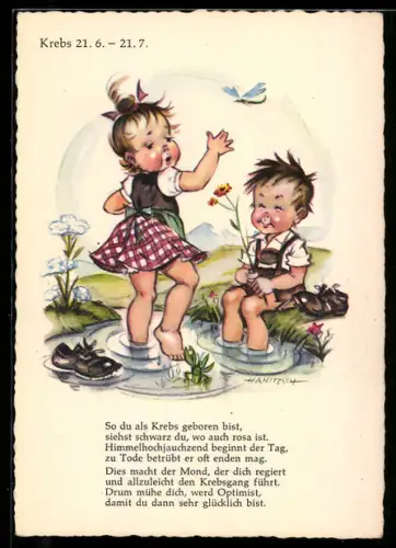 AK Sternzeichen Krebs mit zwei Kindern in einem Tümpel