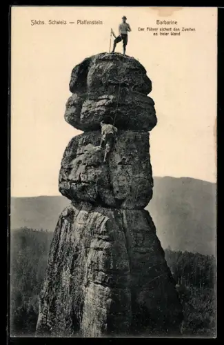 AK Pfaffenstein /Sächs. Schweiz, Barbarine, Führer sichert den Zweiten an freier Wand