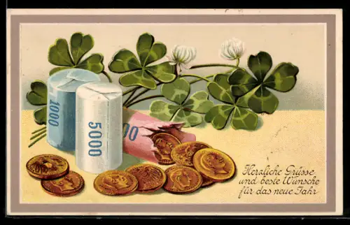 AK Viel Glück im Neuen Jahr, Münzen und Klee