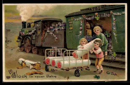 AK Kinder laden Münzrollen aus einer Eisenbahn, Neujahrsgruss