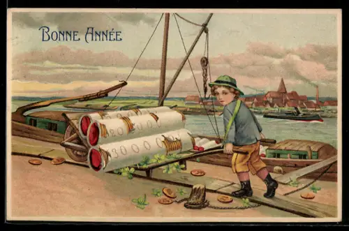 Präge-AK Junge transportiert Münzrollen zum Hafen, Bonne Année, Geld