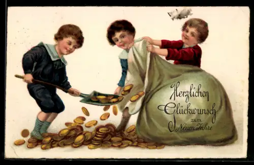 AK Kinder schaufeln Geldmünzen in einen Sacke, Glückwunsch zum neuen Jahr