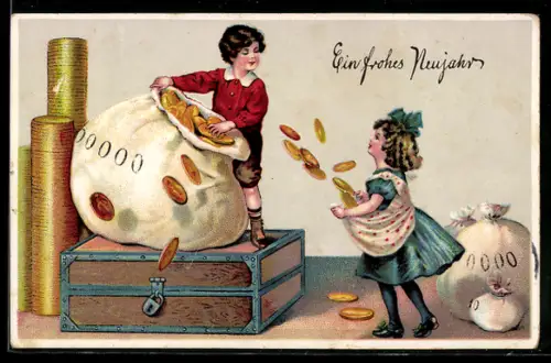 AK Neujahr, Junge öffnet Geldsack, Mädchen sammelt Münzen in der Schürze