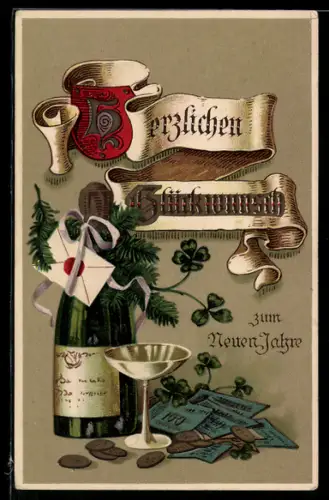 Künstler-AK Geld-Scheine und Münzen, Sektflasche