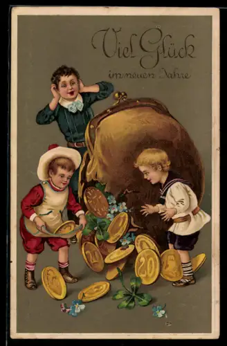AK spielende Kinder vor einer kaputten Geldbörse, aus der Münzen fallen, Neujahrsgruss
