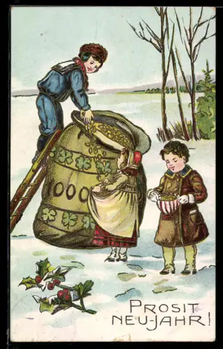 AK Prosit Neujahr, Kinder plündern einen grossen Geldsack