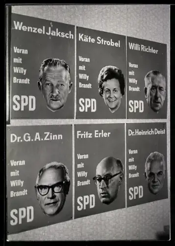 AK Wahlkampfplakate der SPD mit Wenzel Jacksch, Käte Strobel und Fritz Erler
