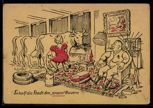 AK Frau beim Melken von Kühen im Wohnzimmer und Mann mit Zigarre