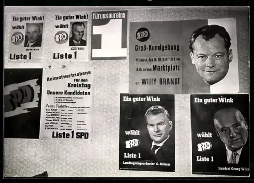 AK Darmstadt, Wahlkampfplakate der SPD mit Willy Brandt und G. Krämer