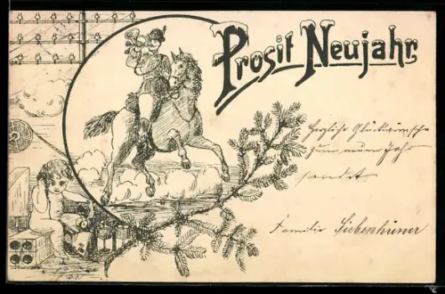 AK Kleinkind an einem Telefon, Reiter mit Postillon