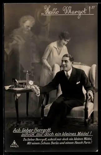 AK Herr sitzt auf einem Sessel mit Telefonhörer in der Hand