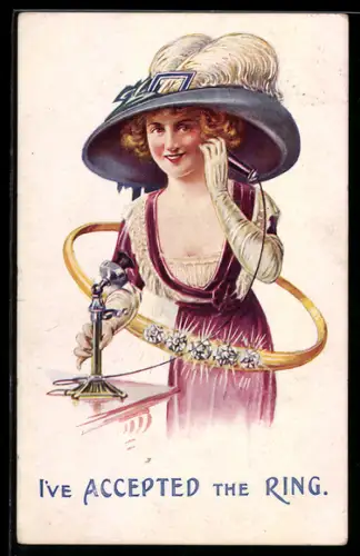 AK Elegante Dame am Telefon mit einem grossen Ring um sie herum