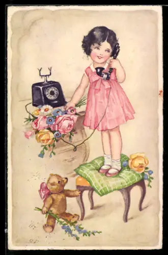 Künstler-AK Mädchen am Telefon mit Teddy