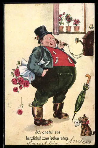 AK Herr mit Rosenstrauss am Telefon