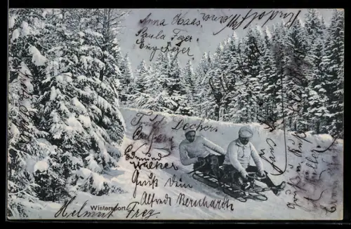 AK Zwei Männer auf einer Schlittenbahn