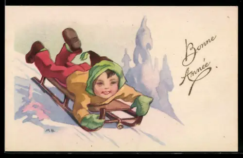 AK Kind auf Schlitten im Winter, Neujahrsgruss