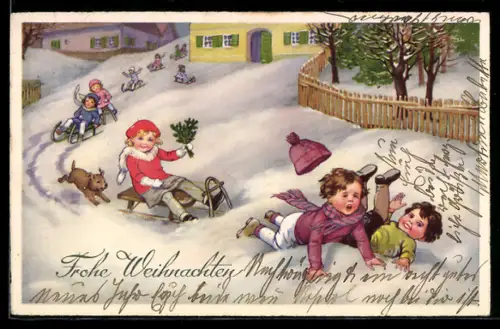 AK Kinder mit Schlitten und Hund in einem verschneiten Ort