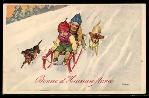 AK Zwei Kinder und zwei Hunde fahren auf einem Schlitten einen Hang herab