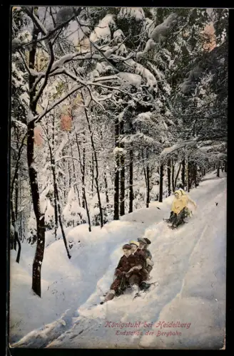 AK Königstuhl bei Heidelberg, Menschen fahren auf Schlitten einen Berg herab