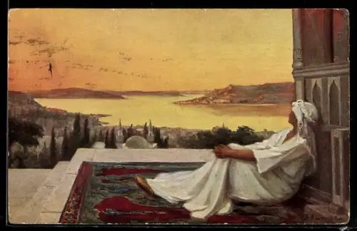 Künstler-AK sign. E. N. Klakatschewa: Träumerei mit Sonnenuntergang