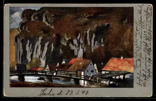 Künstler-AK sign. L. von Senger, Ortschaft mit Felswand und Brücke