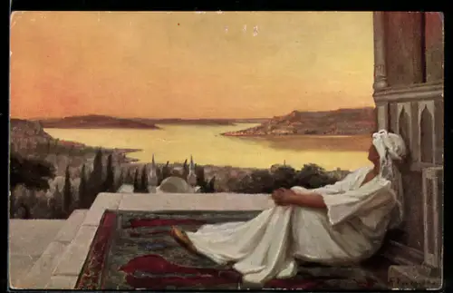 Künstler-AK sign. E. N. Klakatschewa: Träumerei mit Sonnenuntergang