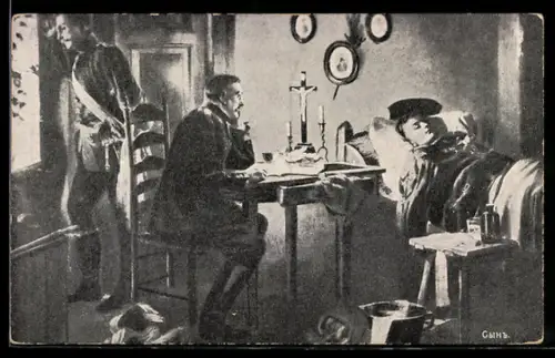 Künstler-AK Verwundeter Soldat im Bett, Kameraden, Kruzifix