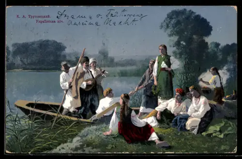 AK Russland, russische Trachtenmädchen, Musiker auf Ruderboot