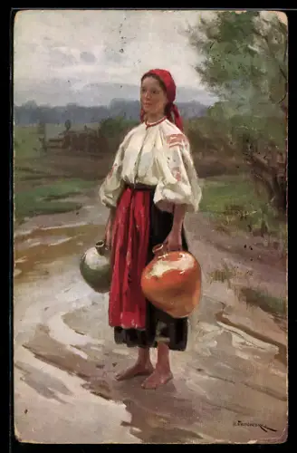 Künstler-AK sign. N. K. Pimonenko: Magd mit zwei Krügen, Russische Kunst