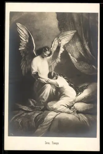 Künstler-AK Schutzengel tröstet eine Frau, Russische Kunst