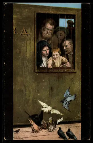 Künstler-AK sign. V. Jarochenko: Menschen hinter einem Gitter füttern Vögel, Russische Kunst
