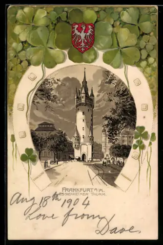 Passepartout-Lithographie Frankfurt a. M., Eschenheimer Turm, Kleeblätter, Wappen, Hufeisen-Rahmen