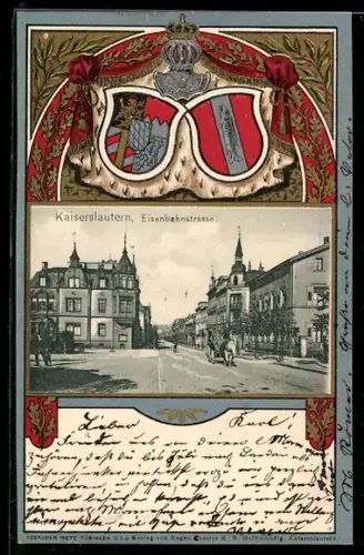 Passepartout-Lithographie Kaiserslautern, Eisenbahnstrasse, Wappen, Krone, Eichen- u. Lorbeerblätter