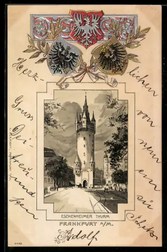 Passepartout-Lithographie Frankfurt a /M., Eschenheimer Turm, Wappen, Ornamente
