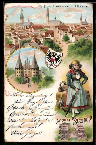 Lithographie Lübeck, Ortsansicht, Holstentor, Trachtenträgerin, Wappen, Reklame Chocolat Suchard