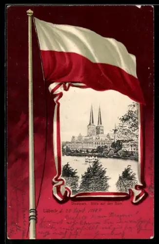 Lithographie Lübeck, Stadtpark, Blick auf den Dom, Weissrote Fahne