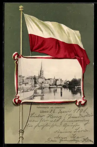 Lithographie Lübeck, Hafenansicht mit Untertrave, Weissrote Fahne