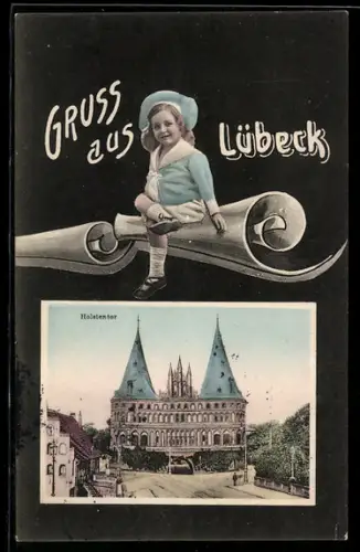 AK Lübeck, Holstentor, Kleines Mädchen auf Schriftrollen