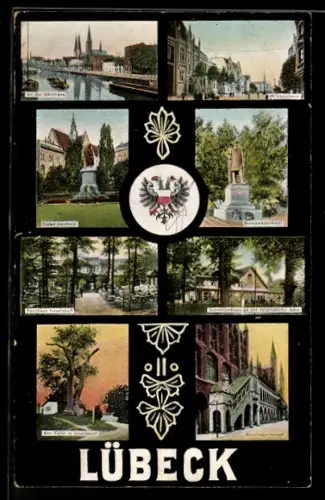 Lithographie Lübeck, Obertrave, Denkmäler Bismarck u. Geibel, Wappen