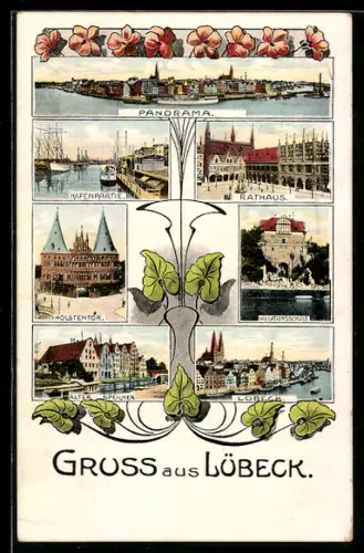 AK Lübeck, Panorama, Hafenpartie, Holstentor, Rathaus, Navigationsschule, Alter Speicher