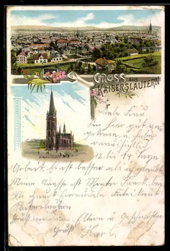 Lithographie Kaiserslautern, Totalansicht aus der Vogelschau, Kirche