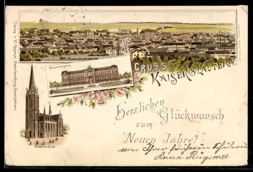 Lithographie Kaiserslautern, Gesamtansicht, St. Marien-Kirche, Gewerbemuseum, Neujahrsgruss