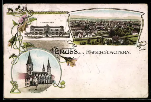 Lithographie Kaiserslautern, Gesamtansicht, Stiftskirche, Gewerbemuseum