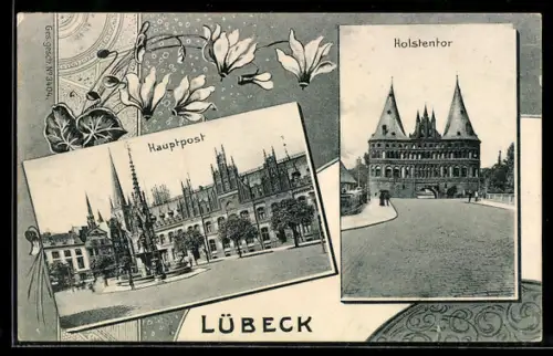 AK Lübeck, Hauptpost, Holstentor, Alpenveilchen